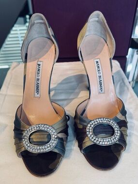 Manolo Blahnik Olive Green and Black Satin Sedarby  Heels with Crystal Buckles.